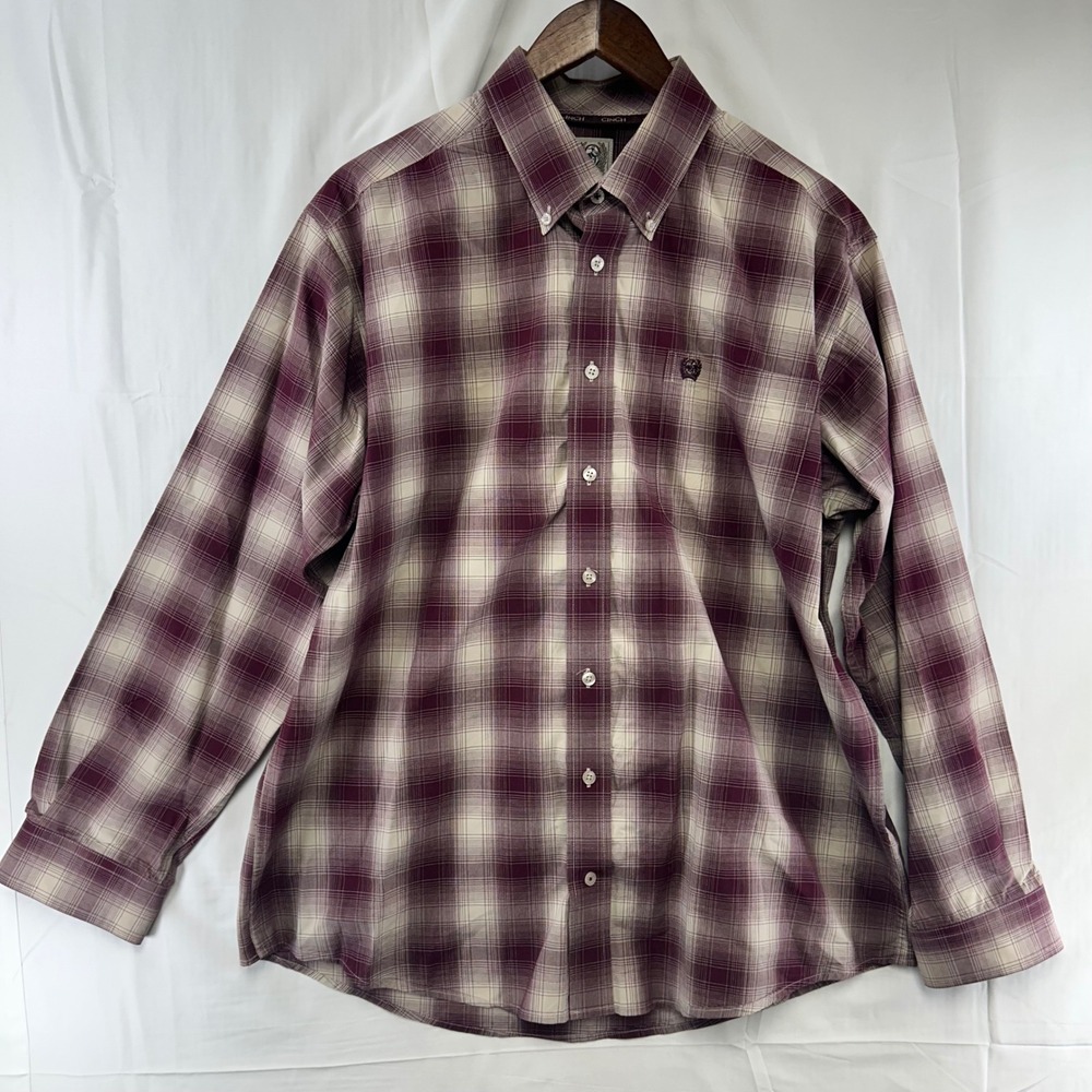 Cinch Button Down‎ Shirt Mens Medium Burgundy Plaid Long Sleeve MTW1104793